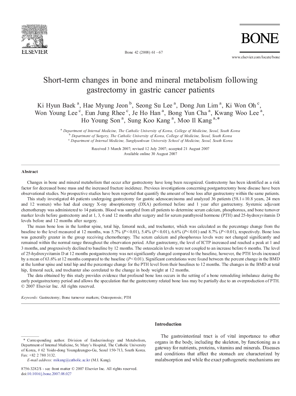 Short-term changes in bone and mineral metabolism following gastrectomy in gastric cancer patients