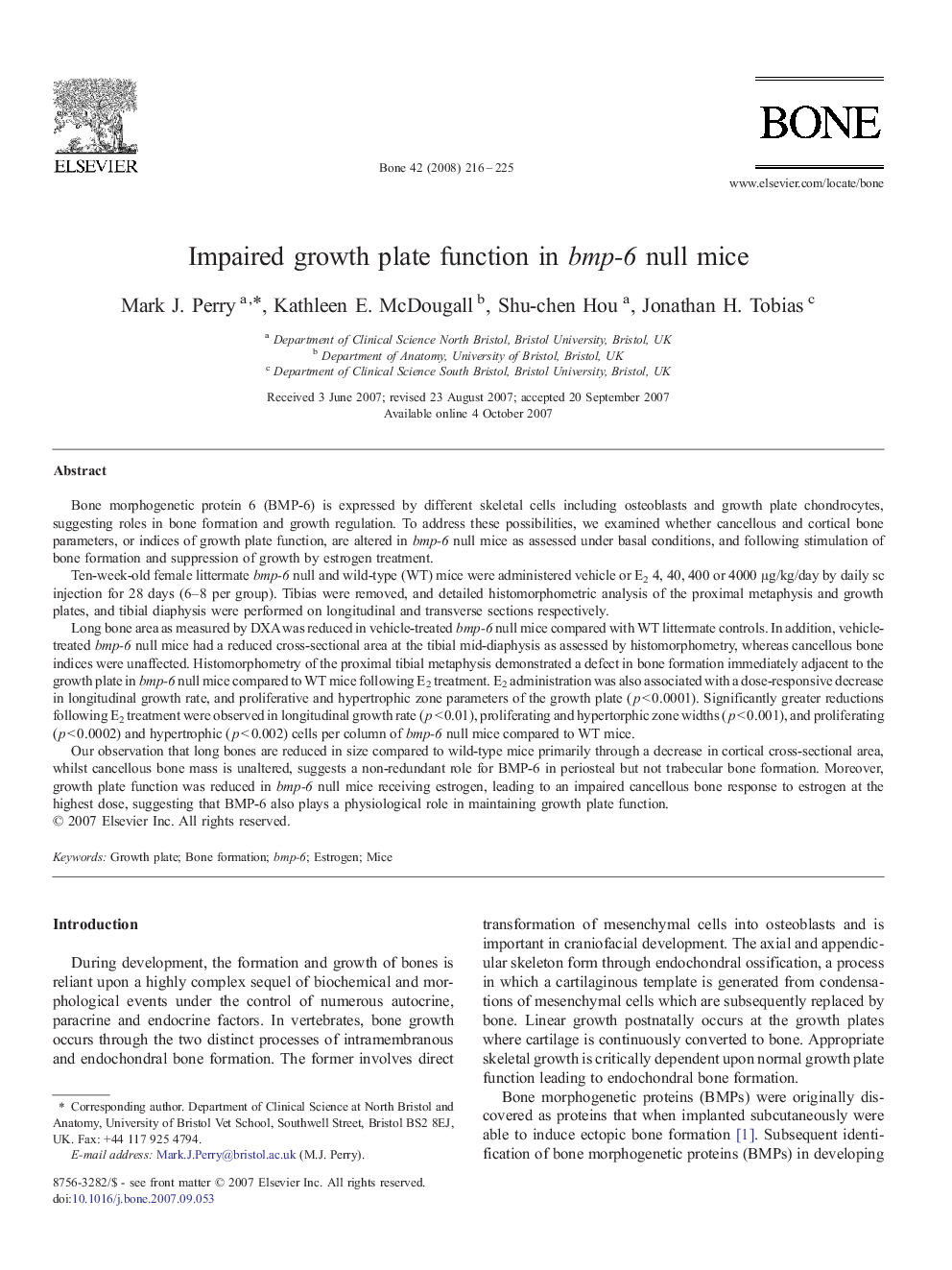 Impaired growth plate function in bmp-6 null mice