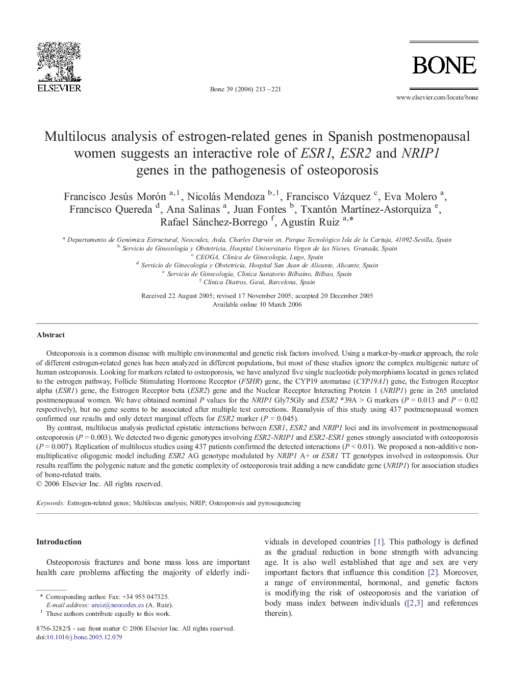 Multilocus analysis of estrogen-related genes in Spanish postmenopausal women suggests an interactive role of ESR1, ESR2 and NRIP1 genes in the pathogenesis of osteoporosis