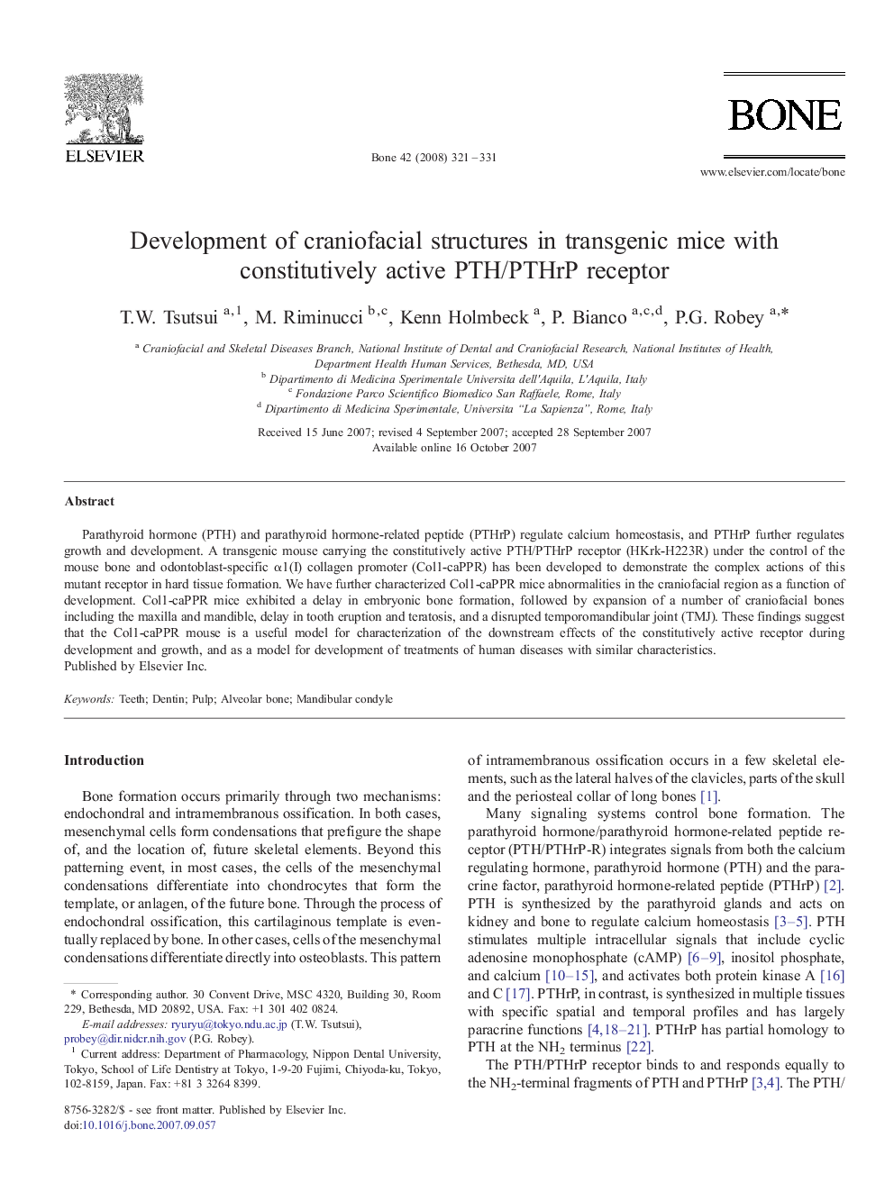 Development of craniofacial structures in transgenic mice with constitutively active PTH/PTHrP receptor