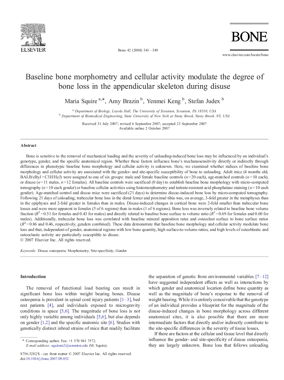 Baseline bone morphometry and cellular activity modulate the degree of bone loss in the appendicular skeleton during disuse