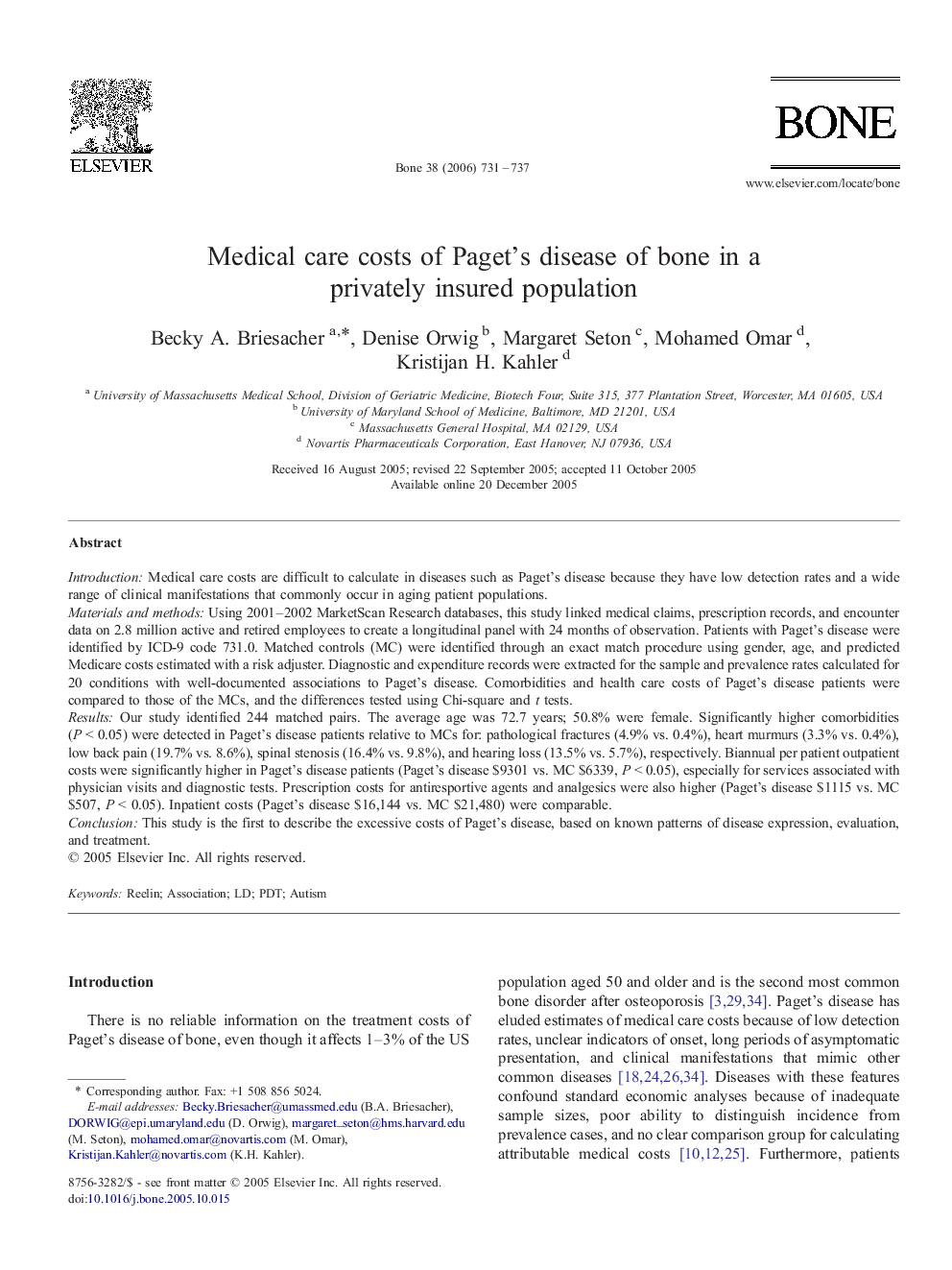 Medical care costs of Paget's disease of bone in a privately insured population