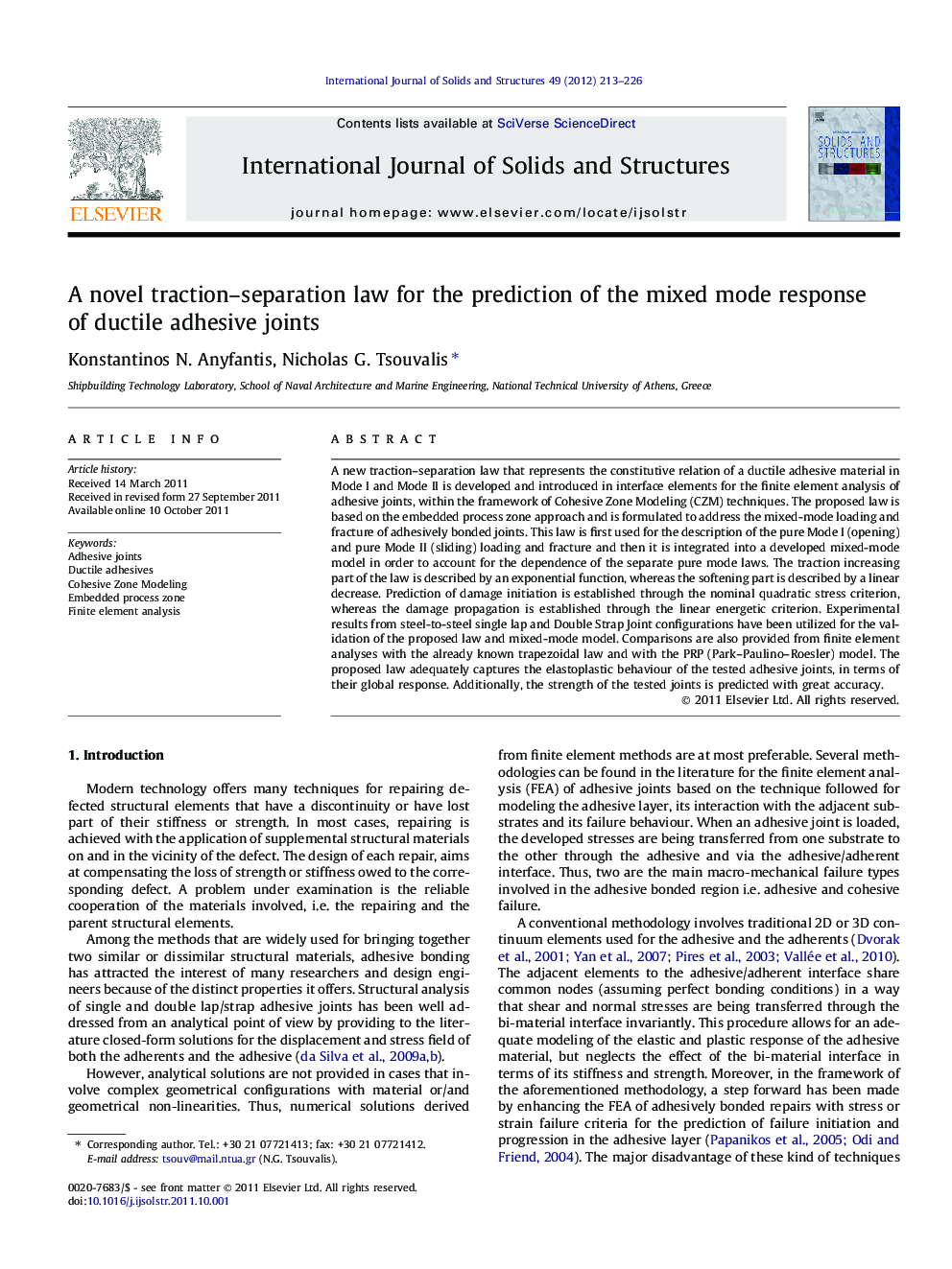 A novel traction–separation law for the prediction of the mixed mode response of ductile adhesive joints