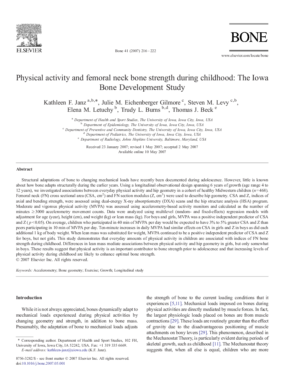 Physical activity and femoral neck bone strength during childhood: The Iowa Bone Development Study