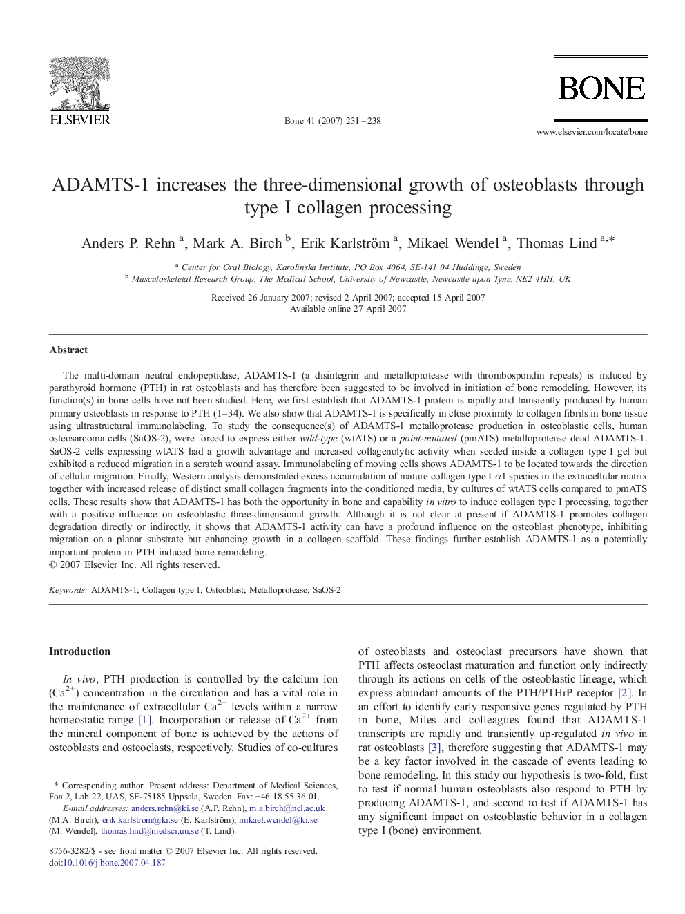 ADAMTS-1 increases the three-dimensional growth of osteoblasts through type I collagen processing