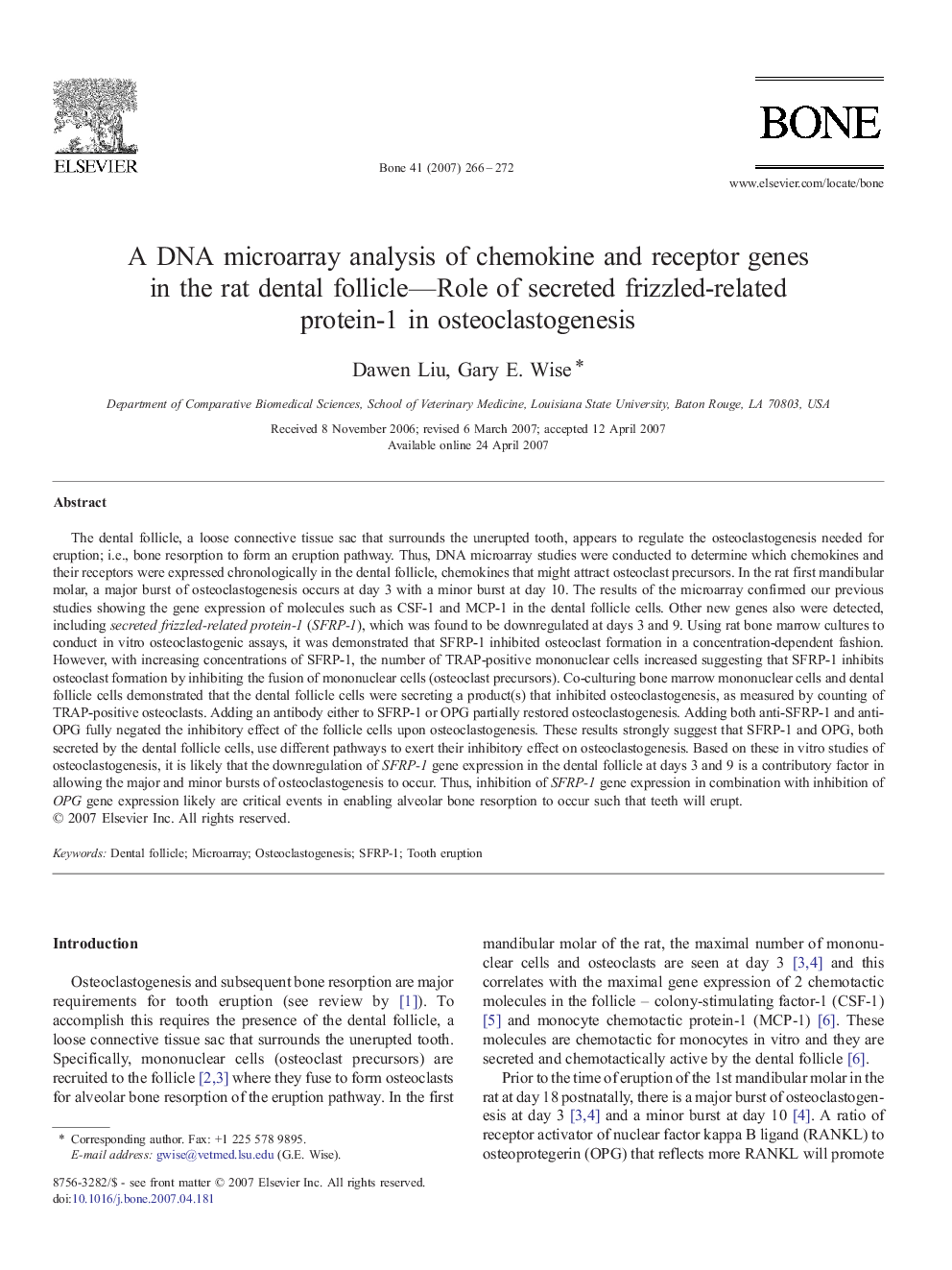 A DNA microarray analysis of chemokine and receptor genes in the rat dental follicle—Role of secreted frizzled-related protein-1 in osteoclastogenesis