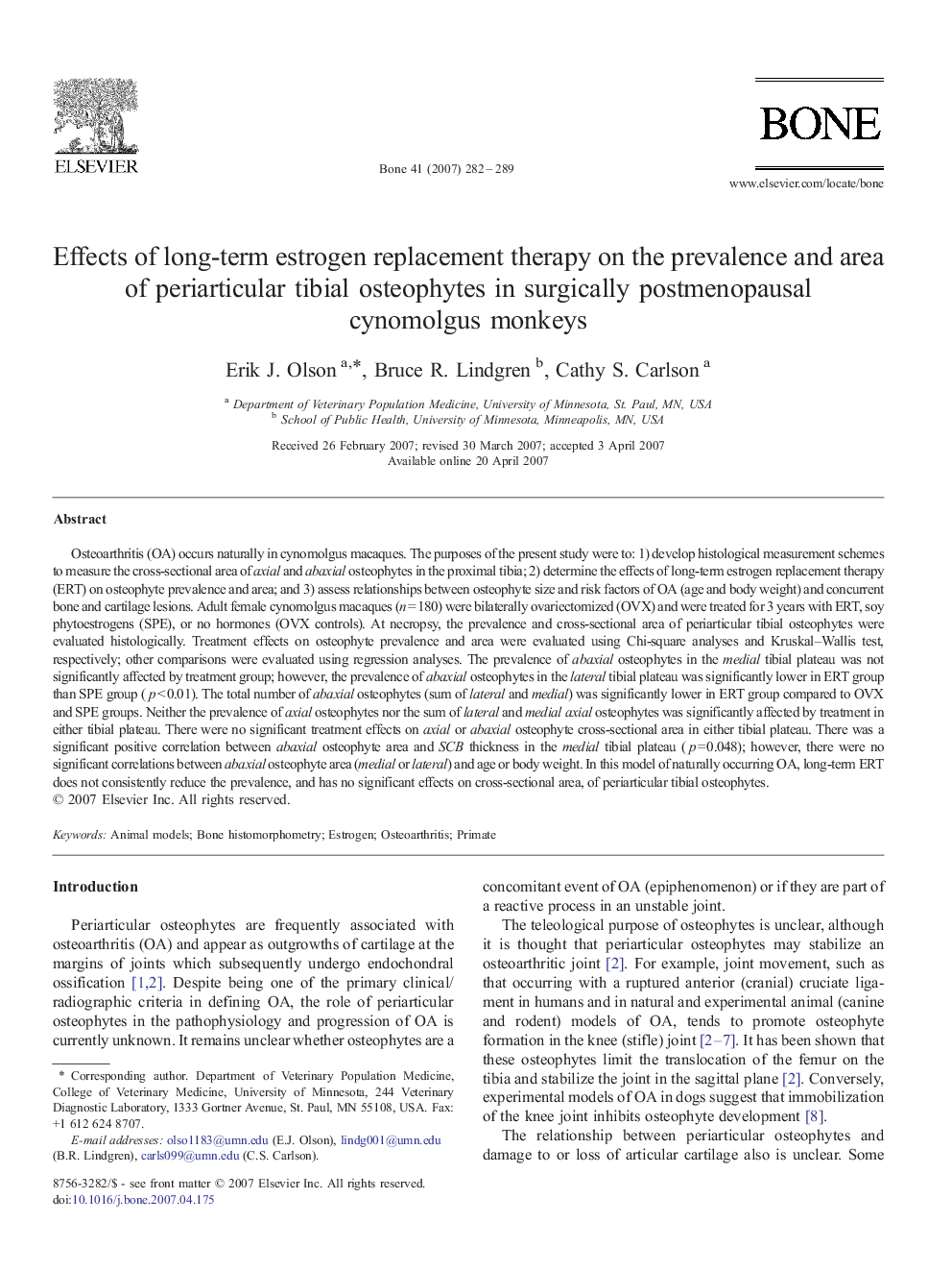 Effects of long-term estrogen replacement therapy on the prevalence and area of periarticular tibial osteophytes in surgically postmenopausal cynomolgus monkeys