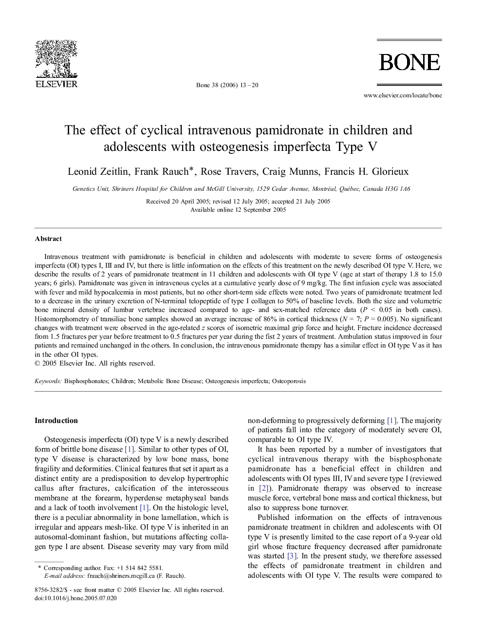 The effect of cyclical intravenous pamidronate in children and adolescents with osteogenesis imperfecta Type V