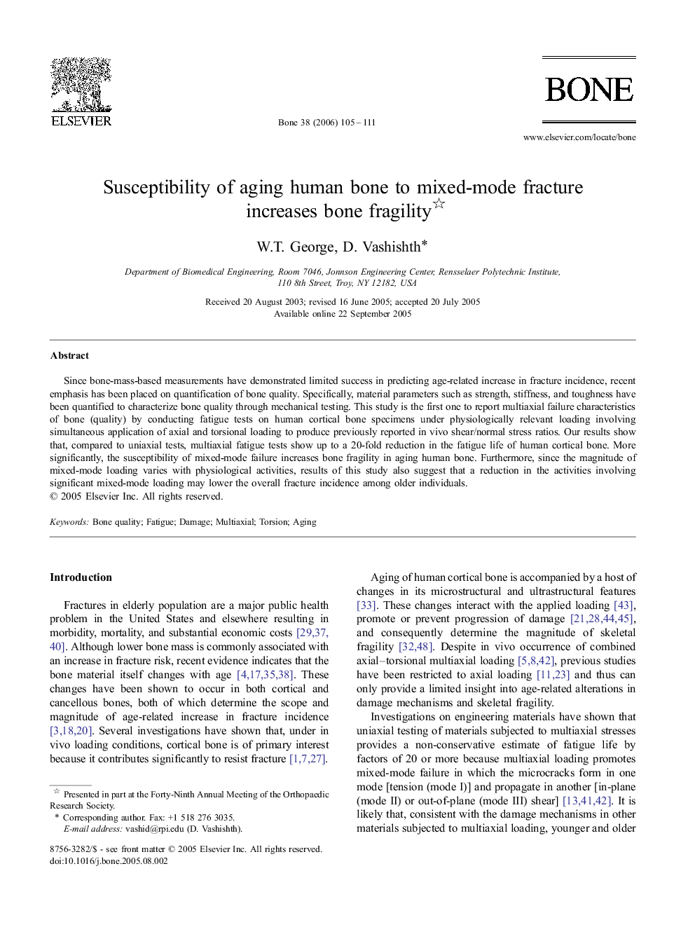 Susceptibility of aging human bone to mixed-mode fracture increases bone fragility 