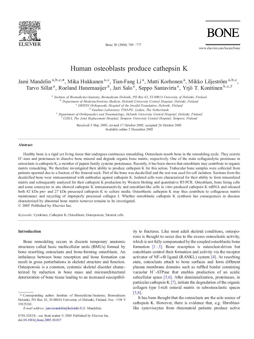 Human osteoblasts produce cathepsin K