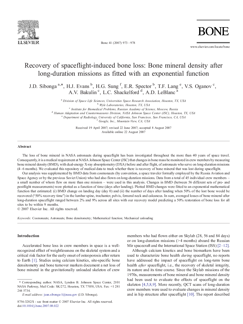 Recovery of spaceflight-induced bone loss: Bone mineral density after long-duration missions as fitted with an exponential function