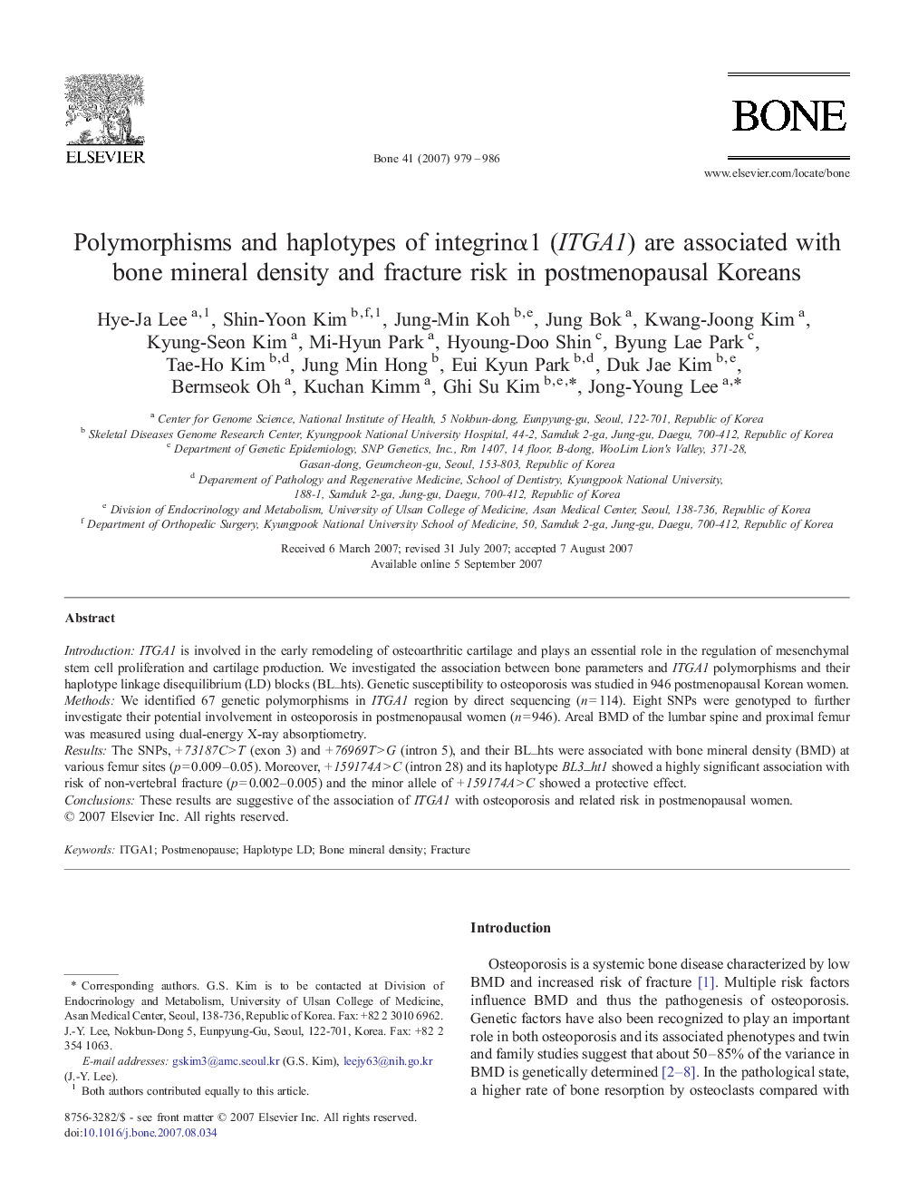 Polymorphisms and haplotypes of integrinα1 (ITGA1) are associated with bone mineral density and fracture risk in postmenopausal Koreans