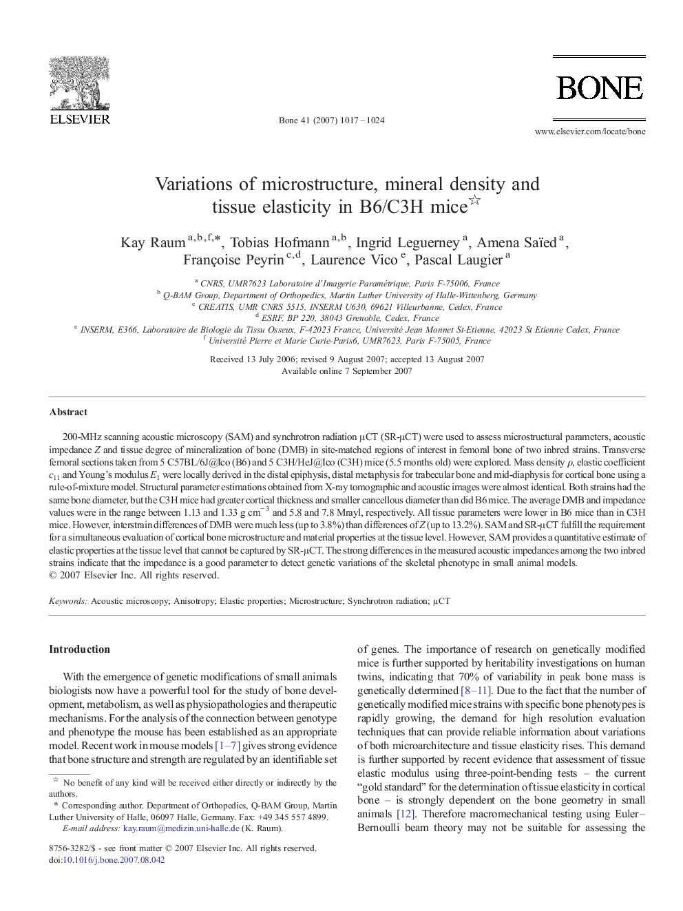 Variations of microstructure, mineral density and tissue elasticity in B6/C3H mice 