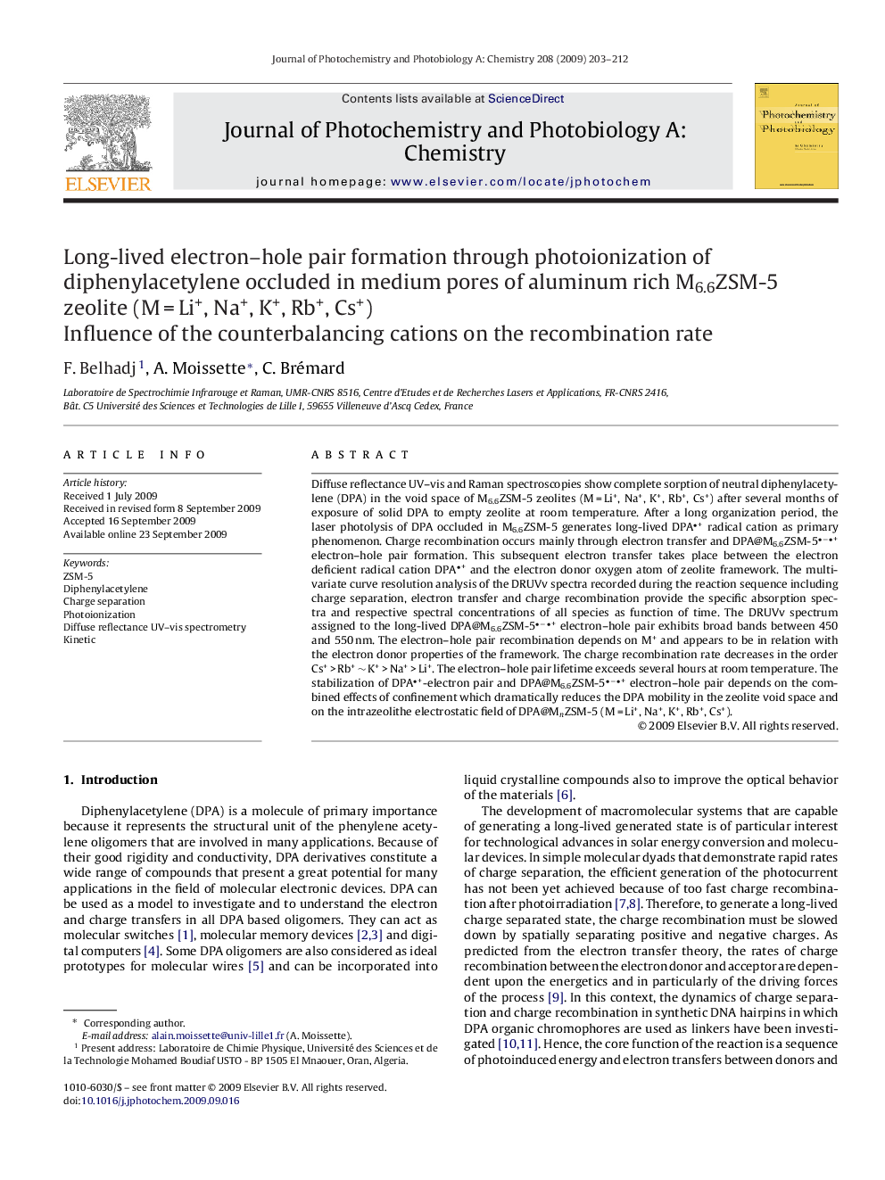 Long-lived electron–hole pair formation through photoionization of diphenylacetylene occluded in medium pores of aluminum rich M6.6ZSM-5 zeolite (M = Li+, Na+, K+, Rb+, Cs+): Influence of the counterbalancing cations on the recombination rate