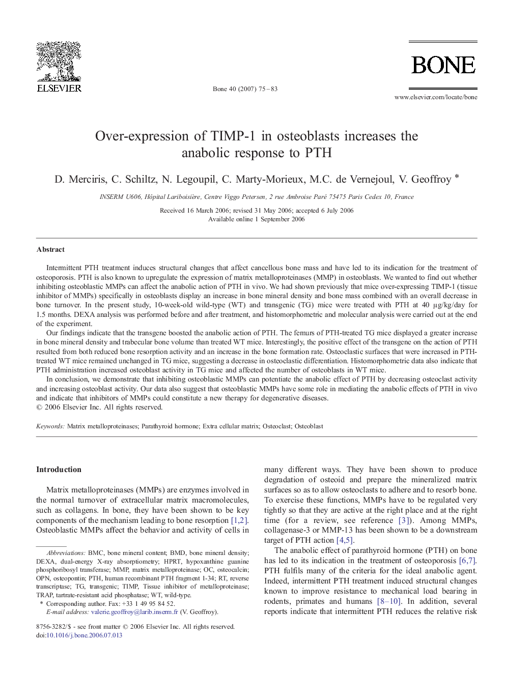 Over-expression of TIMP-1 in osteoblasts increases the anabolic response to PTH