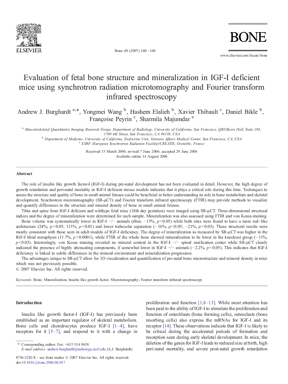 Evaluation of fetal bone structure and mineralization in IGF-I deficient mice using synchrotron radiation microtomography and Fourier transform infrared spectroscopy