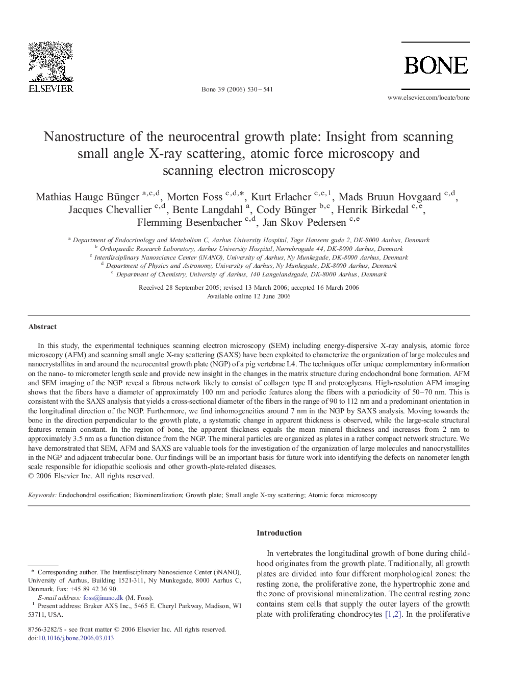 Nanostructure of the neurocentral growth plate: Insight from scanning small angle X-ray scattering, atomic force microscopy and scanning electron microscopy