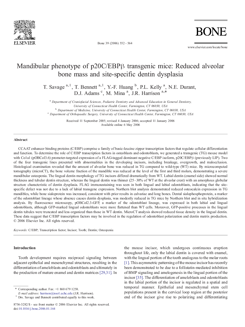 Mandibular phenotype of p20C/EBPβ transgenic mice: Reduced alveolar bone mass and site-specific dentin dysplasia