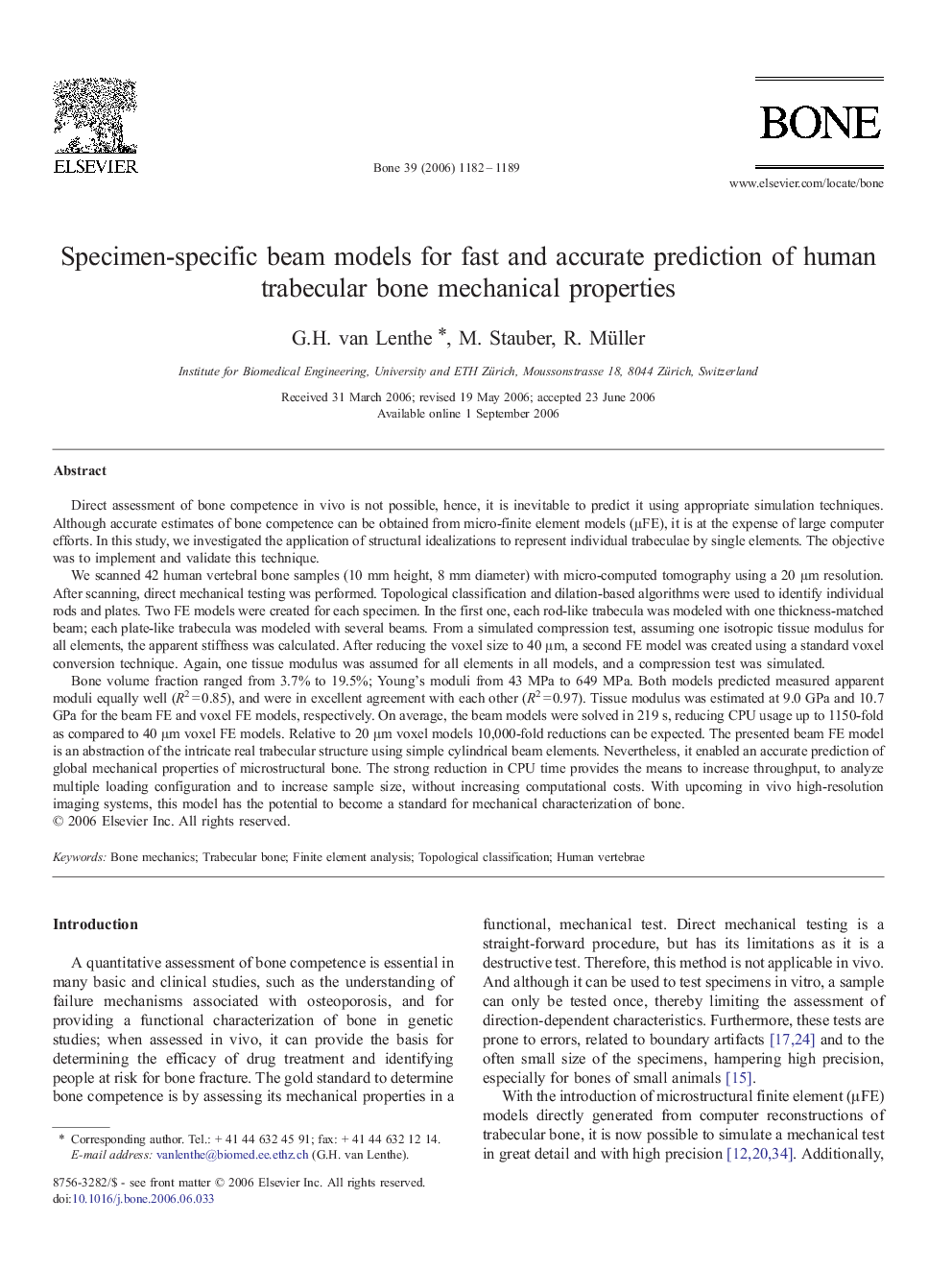 Specimen-specific beam models for fast and accurate prediction of human trabecular bone mechanical properties