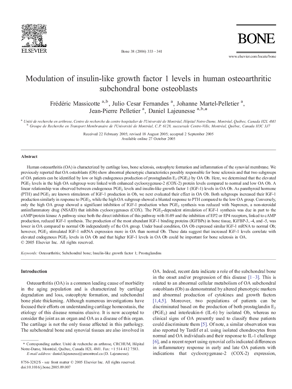 Modulation of insulin-like growth factor 1 levels in human osteoarthritic subchondral bone osteoblasts