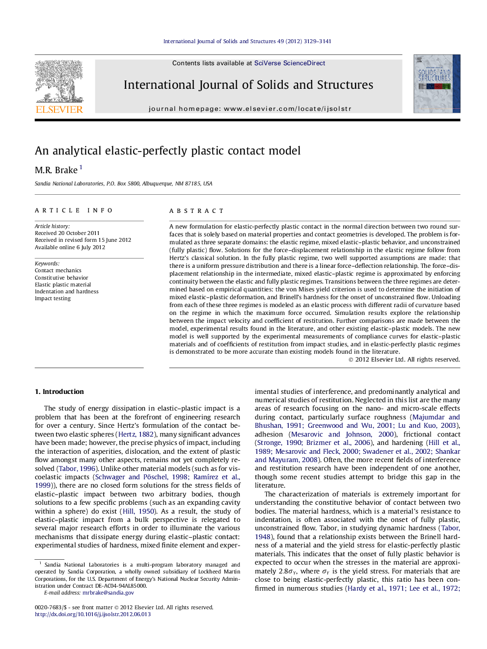 An analytical elastic-perfectly plastic contact model