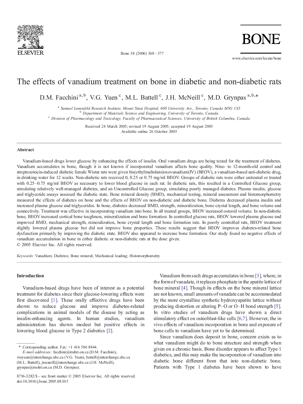 The effects of vanadium treatment on bone in diabetic and non-diabetic rats