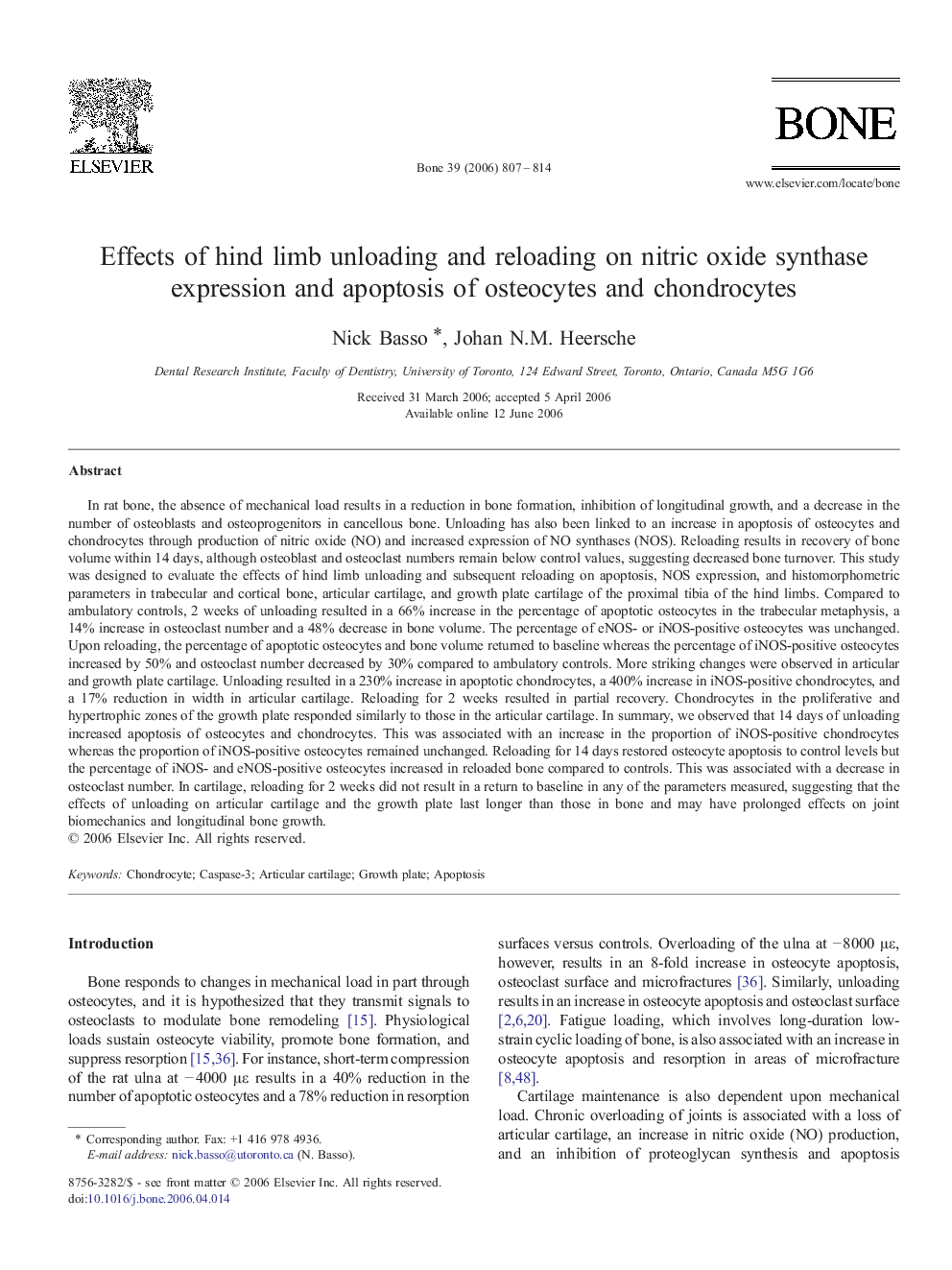 Effects of hind limb unloading and reloading on nitric oxide synthase expression and apoptosis of osteocytes and chondrocytes