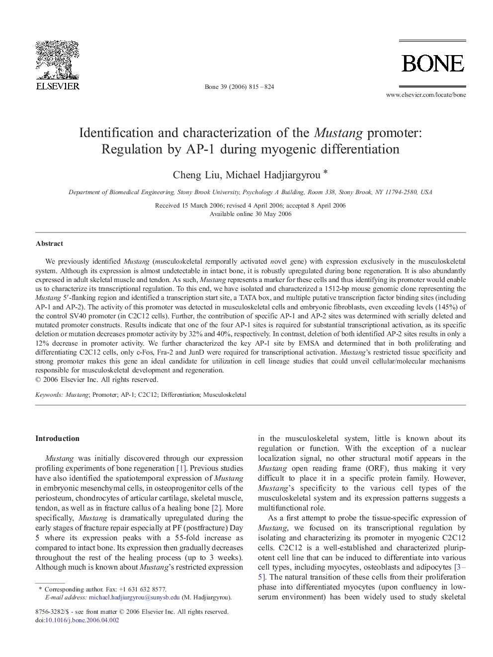 Identification and characterization of the Mustang promoter: Regulation by AP-1 during myogenic differentiation