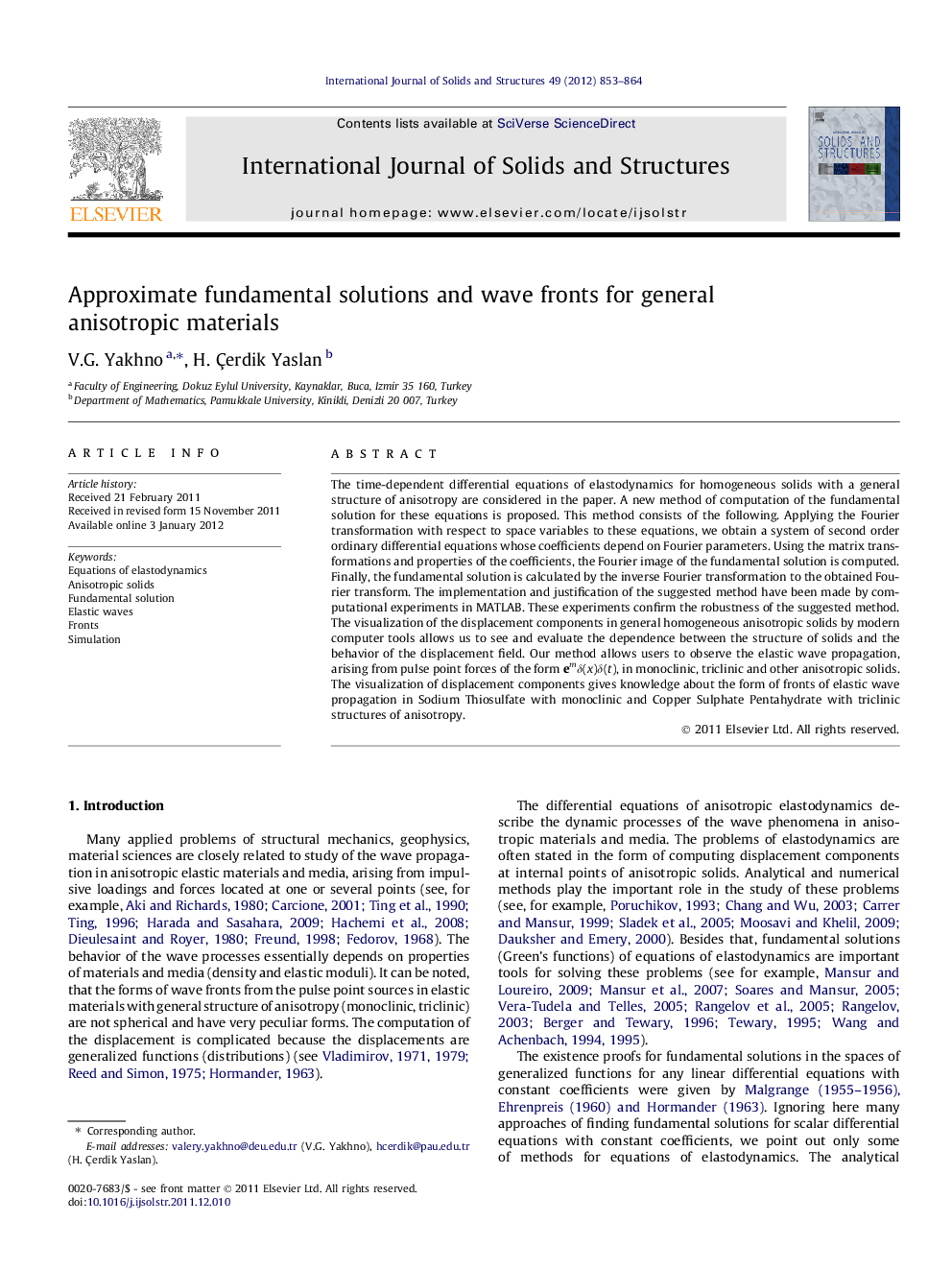 Approximate fundamental solutions and wave fronts for general anisotropic materials