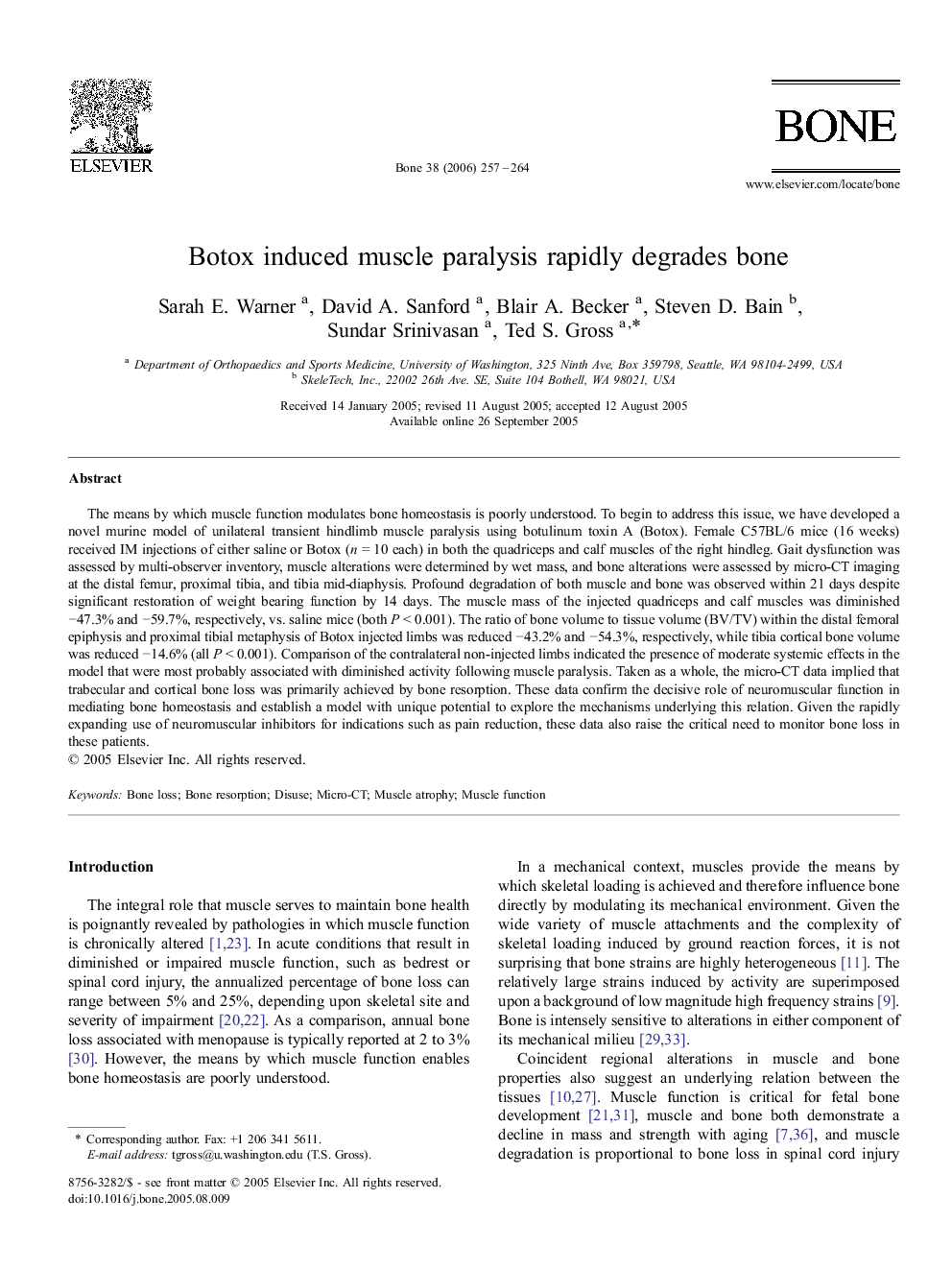 Botox induced muscle paralysis rapidly degrades bone