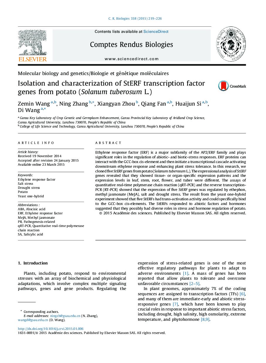 Isolation and characterization of StERF transcription factor genes from potato (Solanum tuberosum L.)