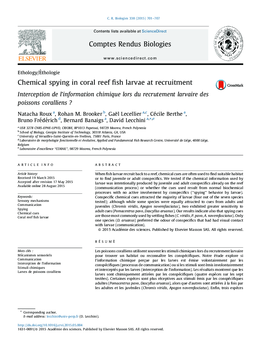 Chemical spying in coral reef fish larvae at recruitment