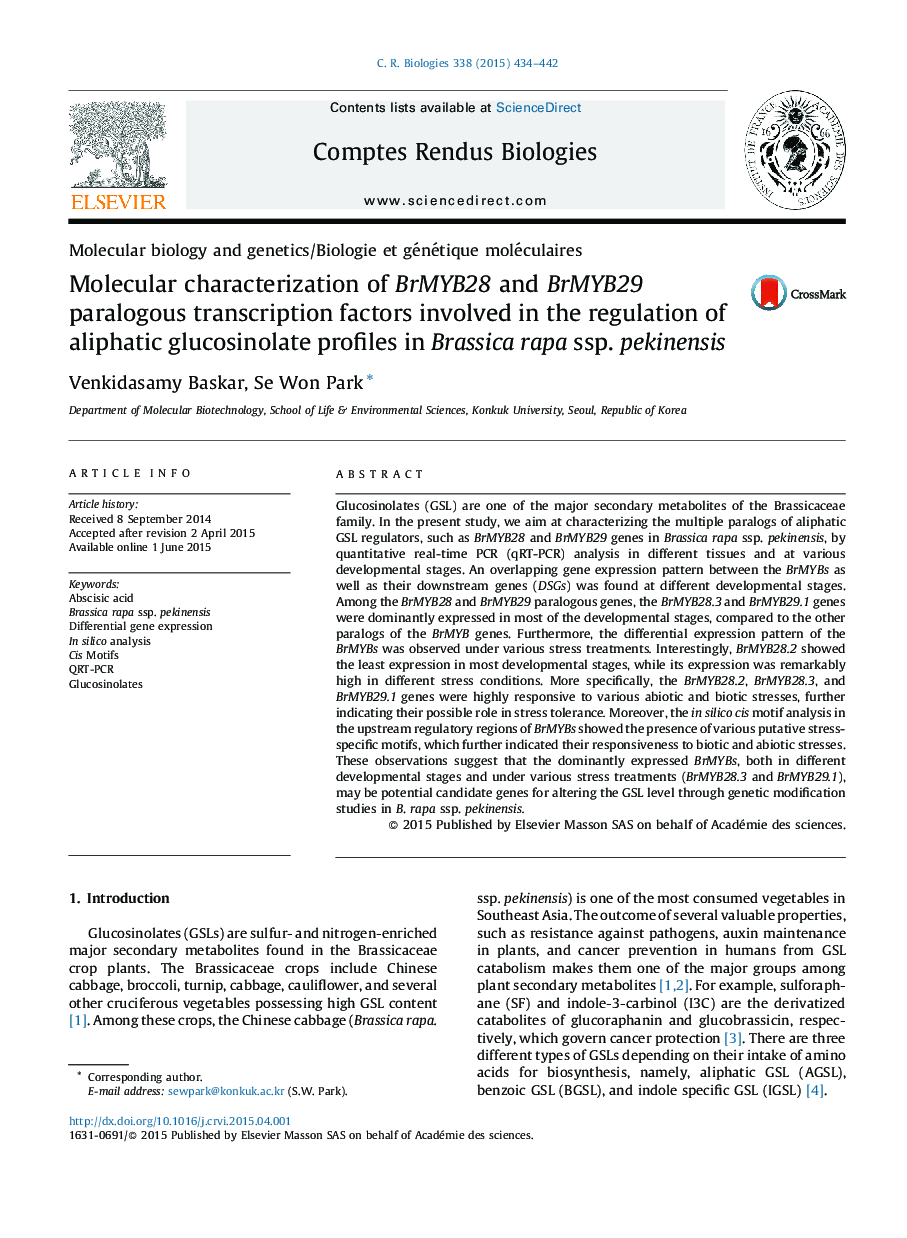 Molecular characterization of BrMYB28 and BrMYB29 paralogous transcription factors involved in the regulation of aliphatic glucosinolate profiles in Brassica rapa ssp. pekinensis
