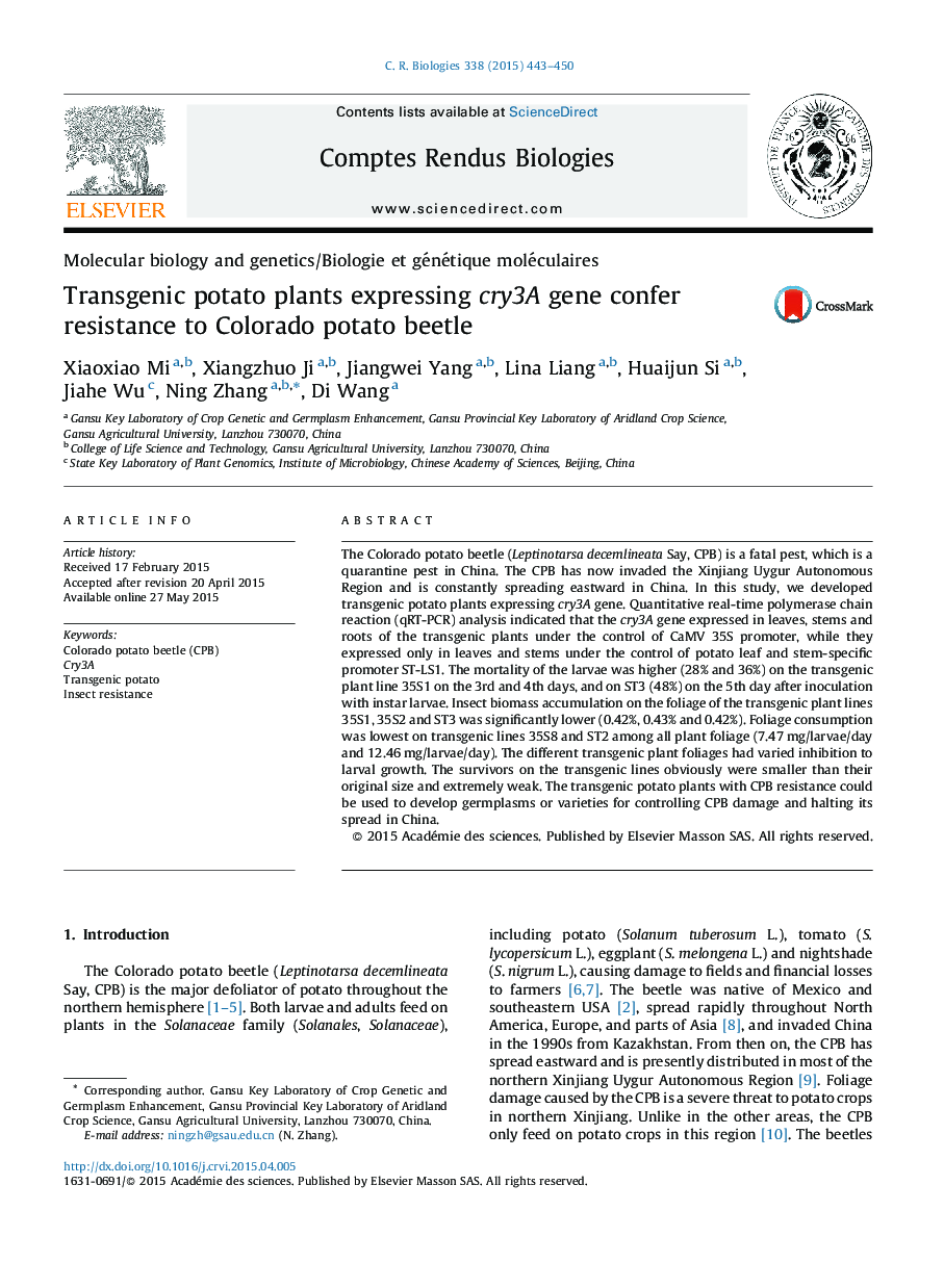 Transgenic potato plants expressing cry3A gene confer resistance to Colorado potato beetle