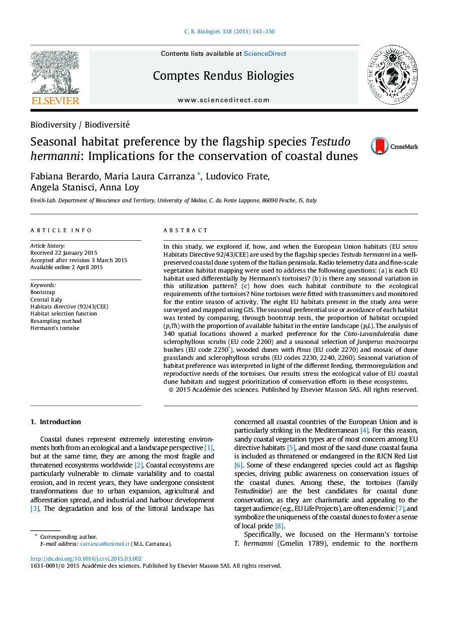 Seasonal habitat preference by the flagship species Testudo hermanni: Implications for the conservation of coastal dunes