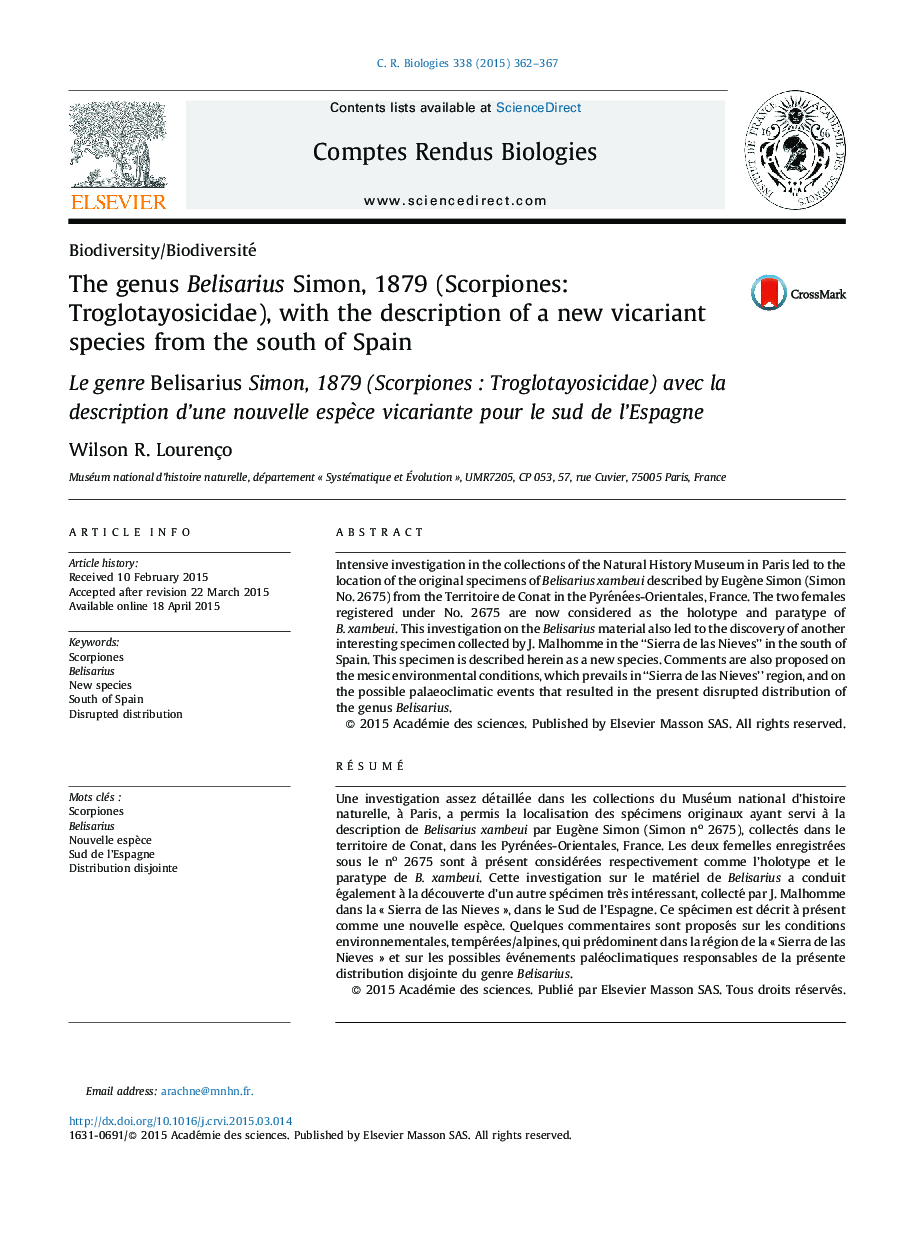 The genus Belisarius Simon, 1879 (Scorpiones: Troglotayosicidae), with the description of a new vicariant species from the south of Spain