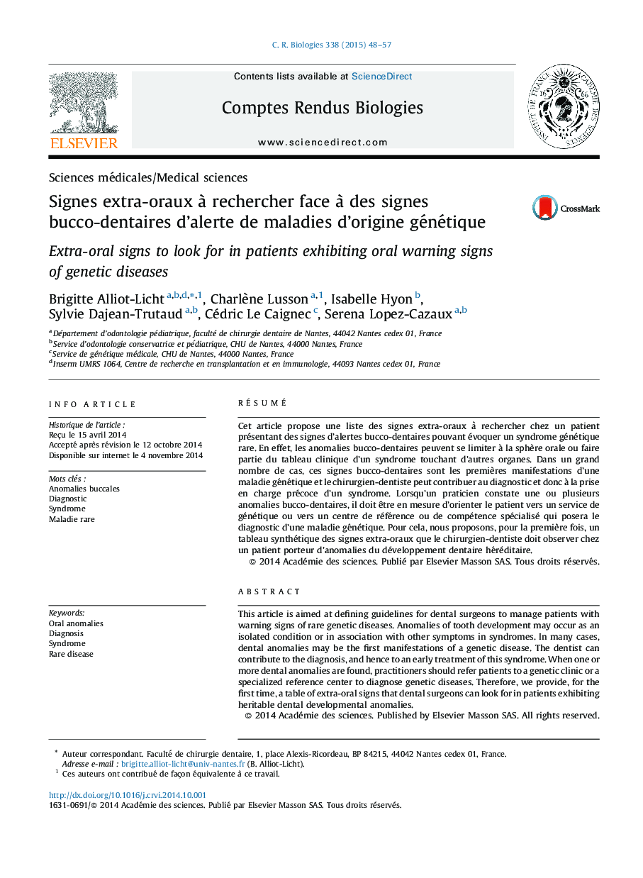 Signes extra-oraux à rechercher face à des signes bucco-dentaires d’alerte de maladies d’origine génétique