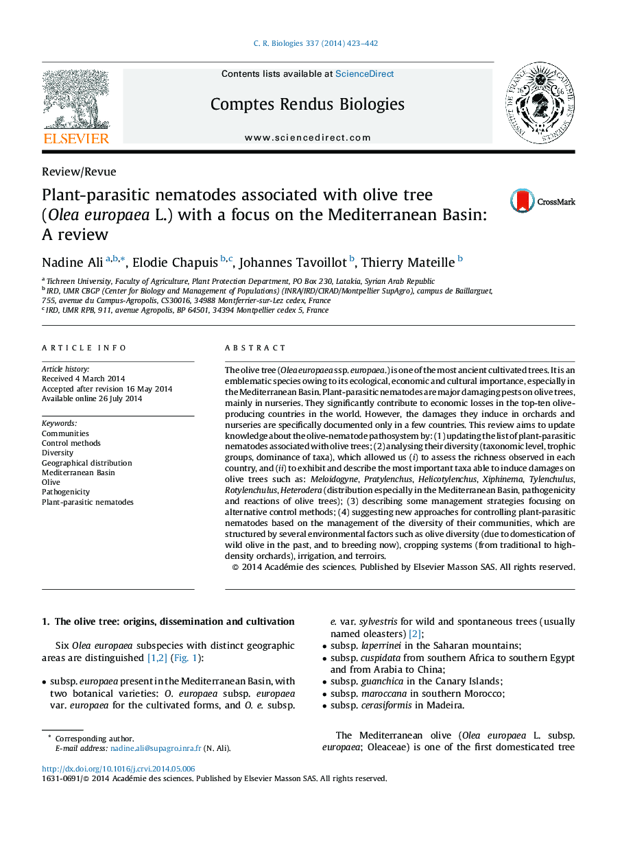 Plant-parasitic nematodes associated with olive tree (Olea europaea L.) with a focus on the Mediterranean Basin: A review