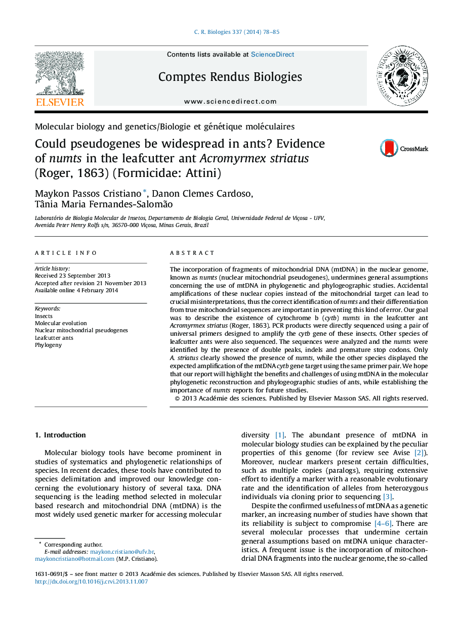 Could pseudogenes be widespread in ants? Evidence of numts in the leafcutter ant Acromyrmex striatus (Roger, 1863) (Formicidae: Attini)