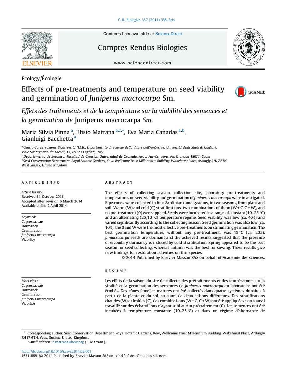 Effects of pre-treatments and temperature on seed viability and germination of Juniperus macrocarpa Sm.