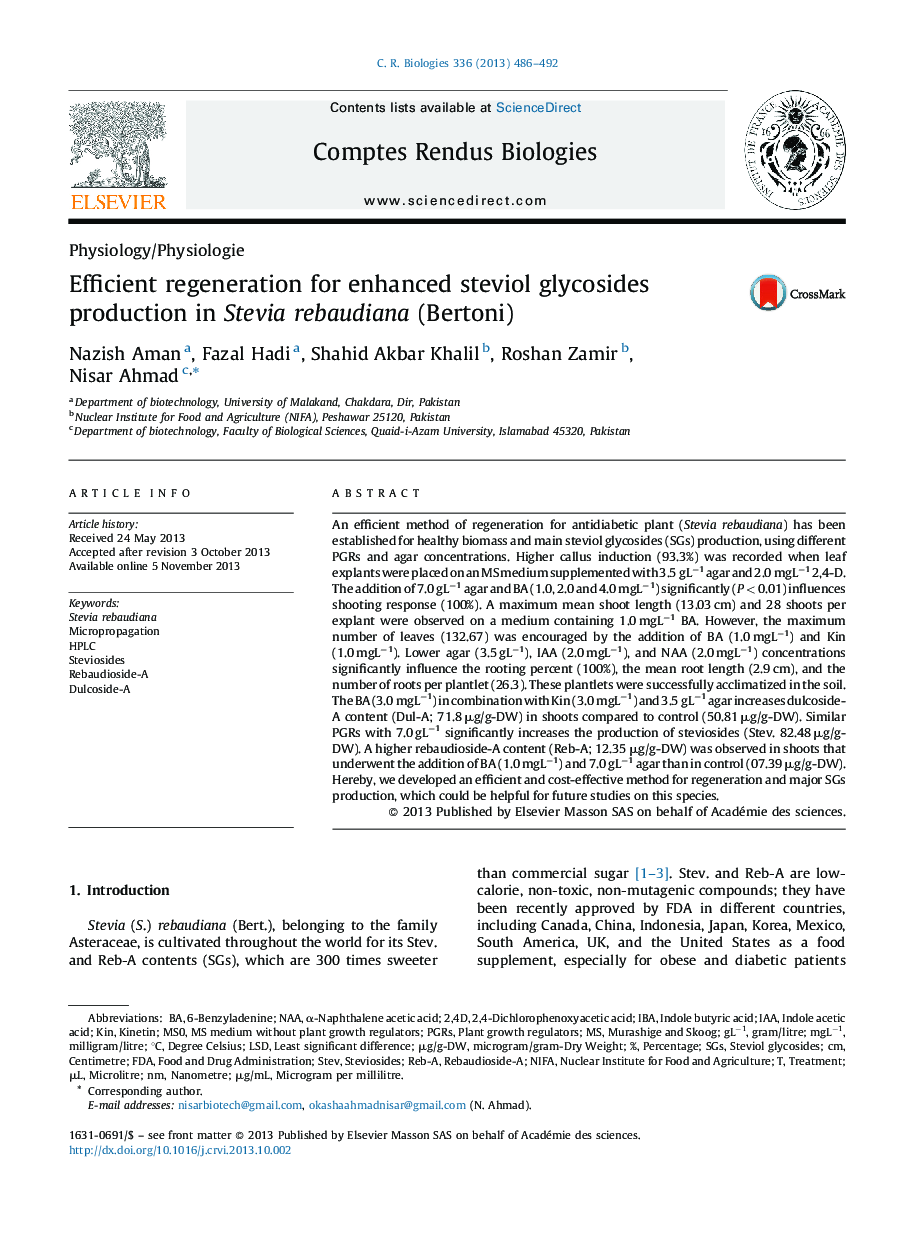 Efficient regeneration for enhanced steviol glycosides production in Stevia rebaudiana (Bertoni)