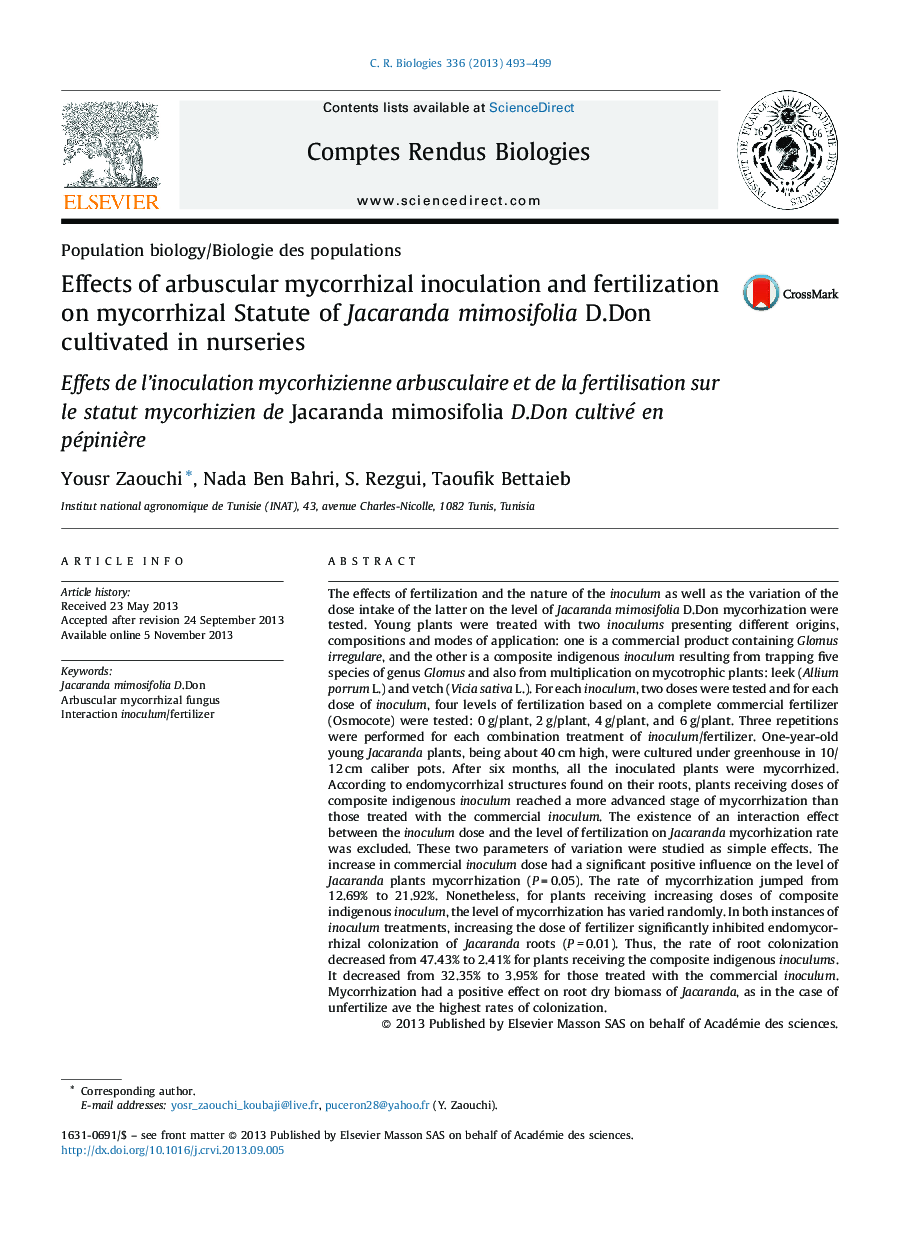 Effects of arbuscular mycorrhizal inoculation and fertilization on mycorrhizal Statute of Jacaranda mimosifolia D.Don cultivated in nurseries