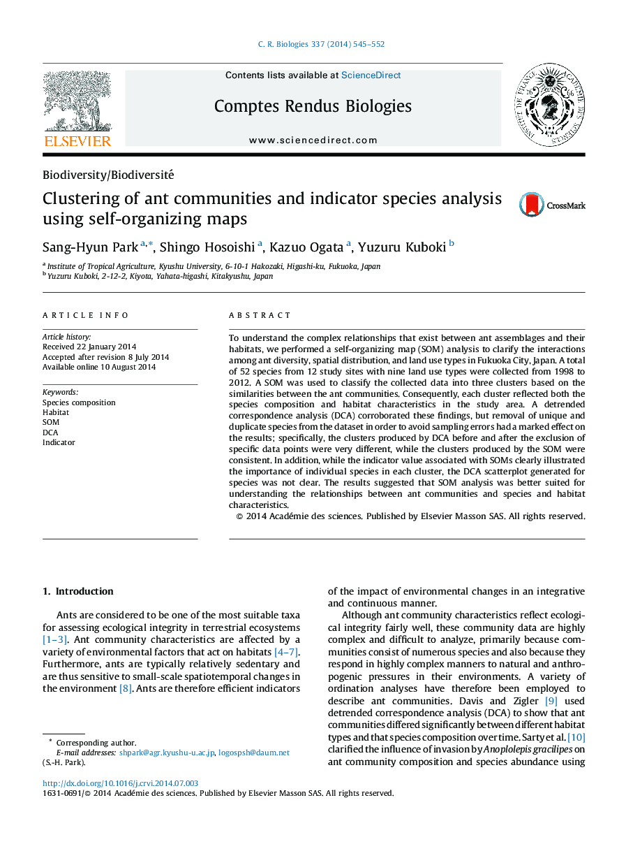 Clustering of ant communities and indicator species analysis using self-organizing maps