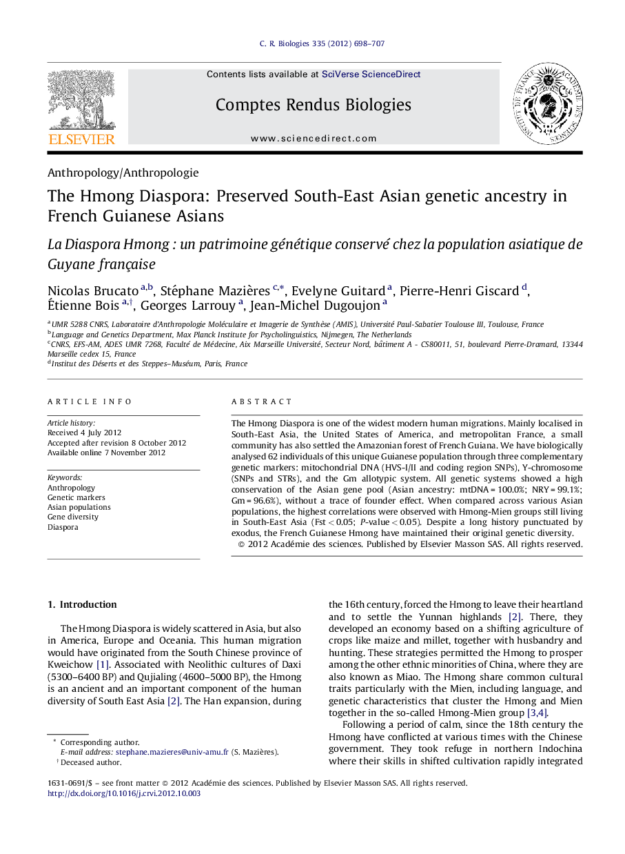 The Hmong Diaspora: Preserved South-East Asian genetic ancestry in French Guianese Asians