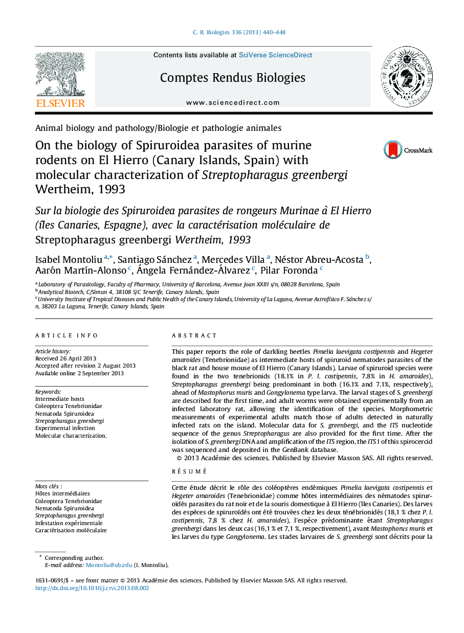 On the biology of Spiruroidea parasites of murine rodents on El Hierro (Canary Islands, Spain) with molecular characterization of Streptopharagus greenbergi Wertheim, 1993