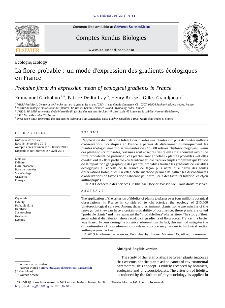 La flore probable : un mode d’expression des gradients écologiques en France