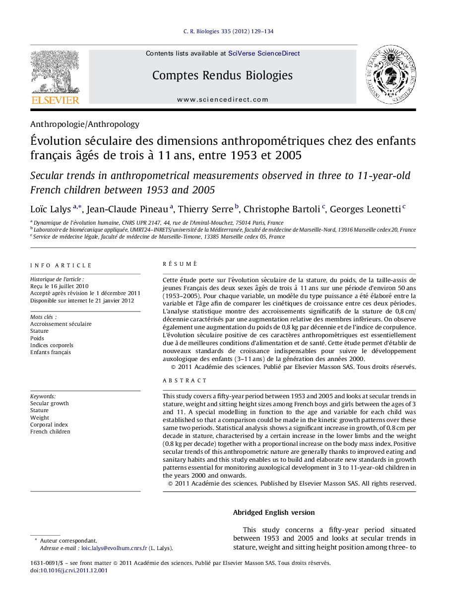 Évolution séculaire des dimensions anthropométriques chez des enfants français âgés de trois à 11 ans, entre 1953 et 2005