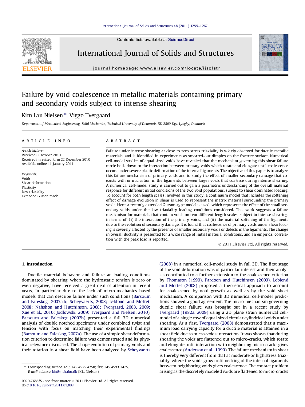 عکس صفحه اول مقاله: Failure by void coalescence in metallic materials containing primary and secondary voids subject to intense shearing Failure by void coalescence in metallic materials containing primary and secondary voids subject to intense shearing