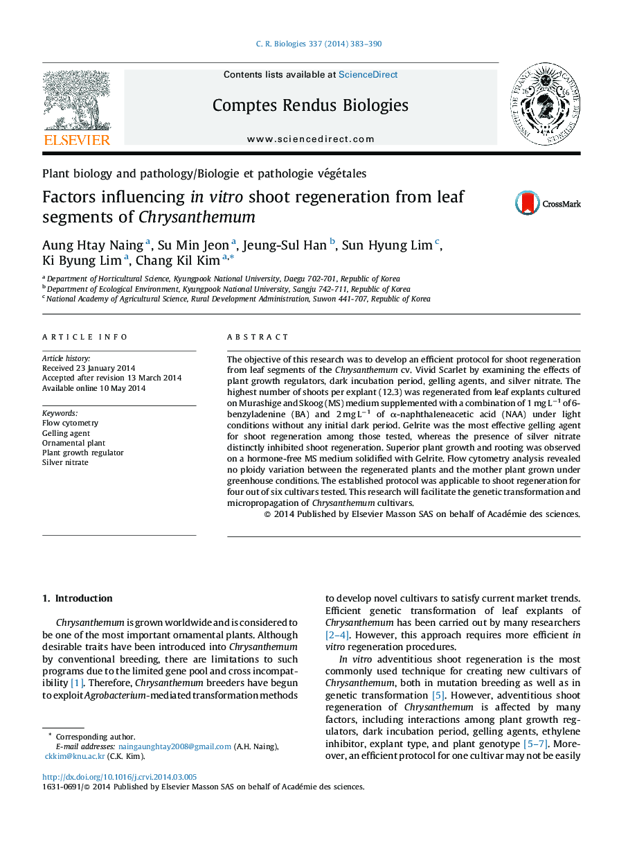 Factors influencing in vitro shoot regeneration from leaf segments of Chrysanthemum