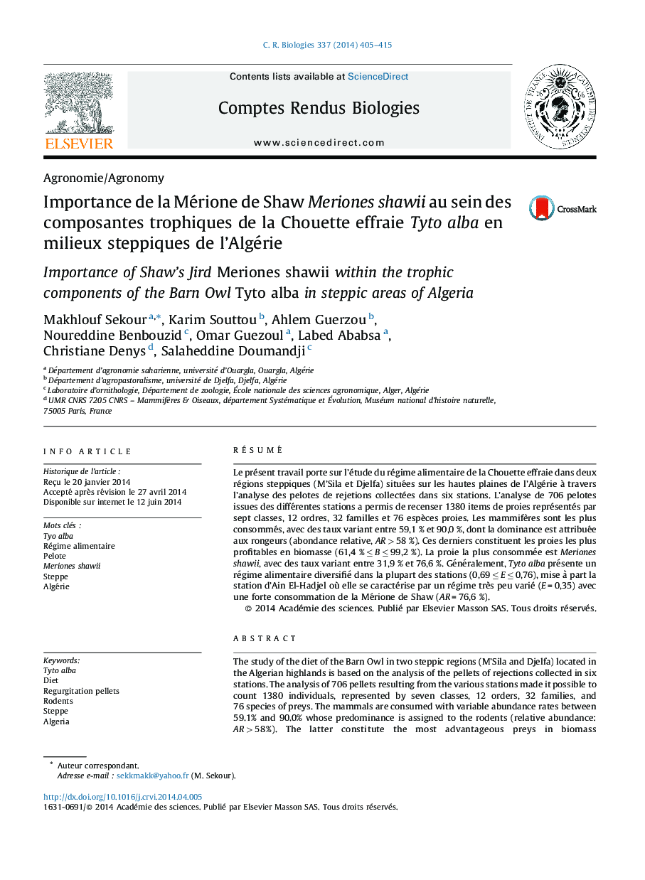 Importance de la Mérione de Shaw Meriones shawii au sein des composantes trophiques de la Chouette effraie Tyto alba en milieux steppiques de l’Algérie